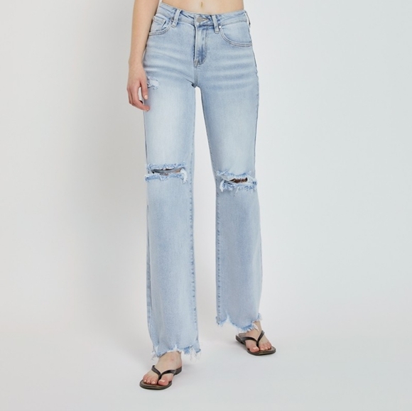 RISEN Distressed High-Rise Jeans Retro Straight Wide Leg Classic Denim Pants - Picture 11 of 16